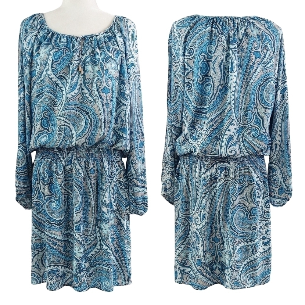 White House Black Market Blue Paisley Split Sleeve Tie Neck Shirred Waist Dress
